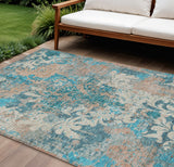 8' X 10' Teal Blue Ivory And Light Brown Damask Washable Indoor Outdoor Area Rug