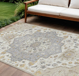 8' X 10' Beige Ivory And Gray Oriental Washable Indoor Outdoor Area Rug