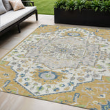 5' X 8' Gold Ivory And Blue Oriental Washable Indoor Outdoor Area Rug