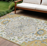 8' X 10' Gold Ivory And Blue Oriental Washable Indoor Outdoor Area Rug