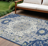 8' X 10' Navy Blue Ivory And Gray Oriental Washable Indoor Outdoor Area Rug