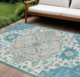 8' X 10' Teal Blue Green And Ivory Oriental Washable Indoor Outdoor Area Rug