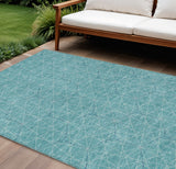 8' X 10' Teal Blue Black And Ivory Geometric Washable Indoor Outdoor Area Rug