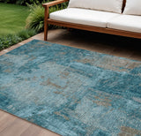 8' X 10' Teal Blue And Gray Abstract Washable Indoor Outdoor Area Rug