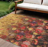 8' X 10' Gold Red And Brown Floral Washable Indoor Outdoor Area Rug