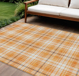 8' X 10' Orange Blue And Ivory Plaid Washable Indoor Outdoor Area Rug