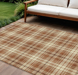 8' X 10' Brown Black And Beige Plaid Washable Indoor Outdoor Area Rug