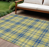 8' X 10' Yellow Blue And Ivory Plaid Washable Indoor Outdoor Area Rug