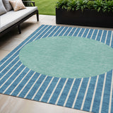5' X 8' Teal Blue And Aqua Striped Washable Indoor Outdoor Area Rug