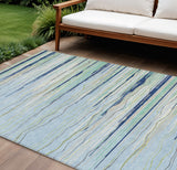 8' X 10' Sky Blue Aqua And Gray Striped Washable Indoor Outdoor Area Rug