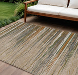 8' X 10' Taupe Copper And Green Striped Washable Indoor Outdoor Area Rug