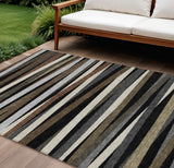 8' X 10' Black Brown And Ivory Striped Washable Indoor Outdoor Area Rug