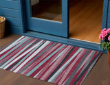 3' X 5' Burgundy Ivory And Blue Striped Washable Indoor Outdoor Area Rug