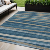 5' X 8' Denim Blue And Gray Striped Washable Indoor Outdoor Area Rug