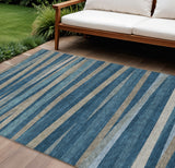 8' X 10' Denim Blue And Gray Striped Washable Indoor Outdoor Area Rug
