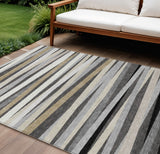 8' X 10' Gray Ivory And Beige Striped Washable Indoor Outdoor Area Rug