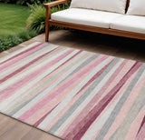 8' X 10' Pink Ivory And Gray Striped Washable Indoor Outdoor Area Rug