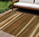 8' X 10' Brown Copper And Beige Striped Washable Indoor Outdoor Area Rug