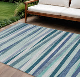 8' X 10' Teal Blue Gray And Ivory Striped Washable Indoor Outdoor Area Rug