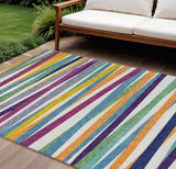 8' X 10' Blue Green And Copper Striped Washable Indoor Outdoor Area Rug