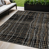 5' X 8' Black Ivory And Brown Striped Washable Indoor Outdoor Area Rug