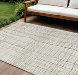 8' X 10' Ivory Brown And Gold Striped Washable Indoor Outdoor Area Rug