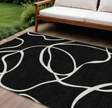 8' X 10' Black And Ivory Abstract Washable Indoor Outdoor Area Rug