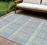8' X 10' Denim Blue Green And Ivory Plaid Washable Indoor Outdoor Area Rug