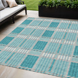 5' X 8' Teal Blue Gray And Ivory Plaid Washable Indoor Outdoor Area Rug
