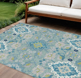 8' X 10' Teal Blue Green And Ivory Oriental Washable Indoor Outdoor Area Rug