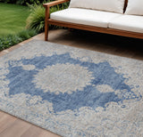 8' X 10' Navy Blue And Ivory Oriental Washable Indoor Outdoor Area Rug