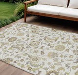 8' X 10' Ivory Brown And Green Floral Washable Indoor Outdoor Area Rug