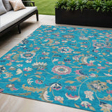 5' X 8' Teal Blue Ivory And Pink Floral Washable Indoor Outdoor Area Rug