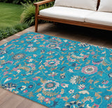 8' X 10' Teal Blue Ivory And Pink Floral Washable Indoor Outdoor Area Rug