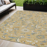 5' X 8' Wheat Blue And Ivory Floral Washable Indoor Outdoor Area Rug