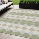 5' X 8' Artichoke Green Ivory And Beige Geometric Washable Indoor Outdoor Area Rug