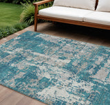 8' X 10' Teal Blue Gray And Ivory Abstract Washable Indoor Outdoor Area Rug