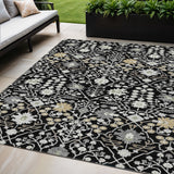 5' X 8' Black Ivory And Gray Oriental Washable Indoor Outdoor Area Rug