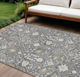8' X 10' Charcoal Ivory And Green Oriental Washable Indoor Outdoor Area Rug