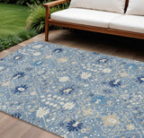 8' X 10' Denim Blue Ivory And Beige Oriental Washable Indoor Outdoor Area Rug