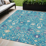 5' X 8' Teal Blue Purple And Ivory Oriental Washable Indoor Outdoor Area Rug