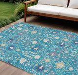 8' X 10' Teal Blue Purple And Ivory Oriental Washable Indoor Outdoor Area Rug