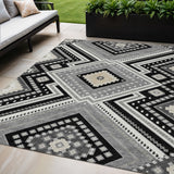 5' X 8' Black Gray And Ivory Tribal Washable Indoor Outdoor Area Rug