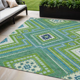 5' X 8' Lime Green Aqua And Ivory Tribal Washable Indoor Outdoor Area Rug