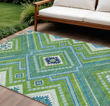8' X 10' Lime Green Aqua And Ivory Tribal Washable Indoor Outdoor Area Rug