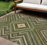 8' X 10' Olive Green Gray And Ivory Tribal Washable Indoor Outdoor Area Rug