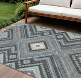 8' X 10' Pewter Charcoal And Sky Blue Tribal Washable Indoor Outdoor Area Rug