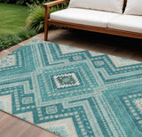 8' X 10' Teal Blue And Ivory Tribal Washable Indoor Outdoor Area Rug