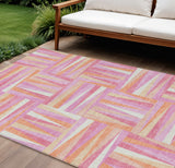 8' X 10' Blush Ivory And Orange Geometric Washable Indoor Outdoor Area Rug