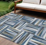 8' X 10' Denim Blue Gray And Ivory Geometric Washable Indoor Outdoor Area Rug